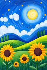Fototapeta premium Yellow and blue colors painting of sunflower meadow