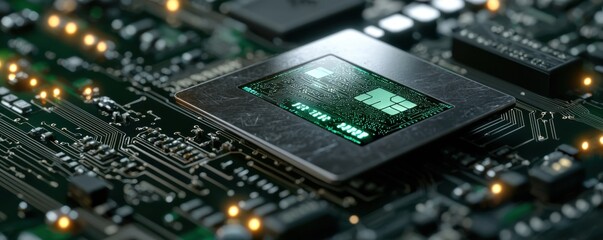 A close-up view of a microchip embedded in a circuit board, showcasing intricate designs and glowing lights around it.