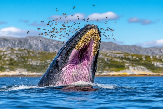 A large baleen whale filtering krill through its massive mouth