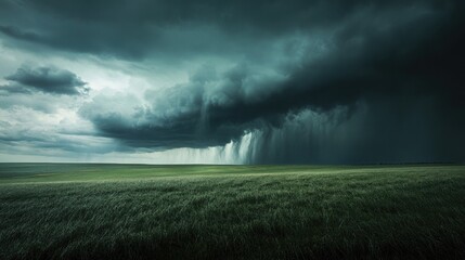 Stormy clouds with lightning illuminating the sky over a vast grassy field. The dramatic contrast between dark clouds and bright lightning captures the raw power of nature. Generative AI