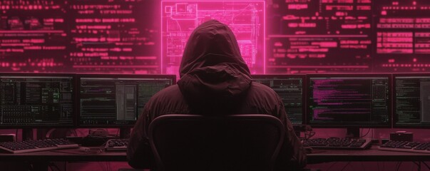 A silhouette of a hooded figure sits before multiple glowing screens, immersed in a digital world filled with data and coding.
