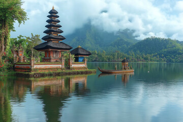 Obraz premium photo of bali, indonesian temple at lake bratan in morning light with beautiful sky and clouds, landscape photography,