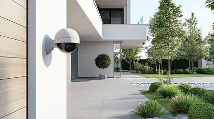 Modern security camera outside sleek building, surrounded by lush green landscape, ensuring safety and surveillance.