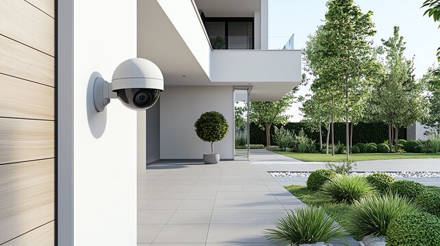 Modern security camera outside sleek building, surrounded by lush green landscape, ensuring safety and surveillance.