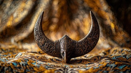 Fototapeta premium Intricate carved wooden crescent moon ornament on patterned fabric.