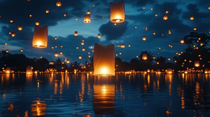 Obraz premium Floating lanterns glowing in the evening sky over water during a festival. A magical and serene atmosphere with people releasing lanterns into the calm surroundings. Generative AI
