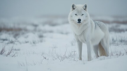 Obraz premium Majestic Arctic Wolf Standing in Snowy Landscape with Frosty Atmosphere and Soft Focus Background in Cold Climate