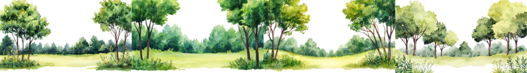 Lush green forest with tall mature trees in a tranquil open meadow under a bright blue sky with fluffy white clouds  Peaceful serene natural landscape with verdant foliage and sunlit clearings