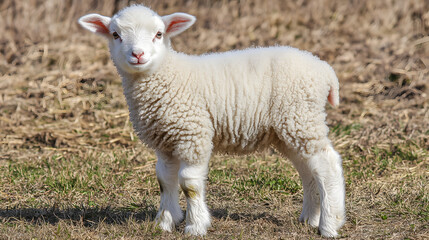 Obraz premium Fluffy lamb standing in a field, its wool glistening in the sun. Innocence and purity in nature's embrace.