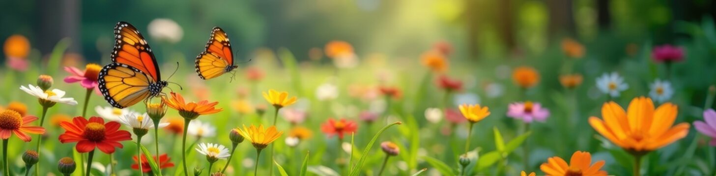 Butterflies flitting around a colorful patch of wildflowers, butterflies, colorful