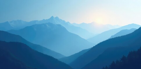 Obraz premium Calming abstract blue and white gradient background with a cool spotlight on a misty mountain range, calm, mist, nature