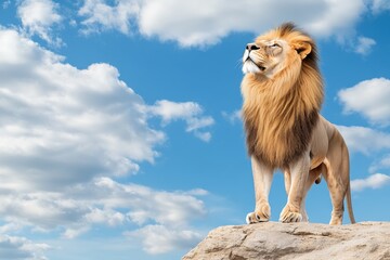 A majestic lion standing on a rocky ledge, its golden mane blowing in the wind