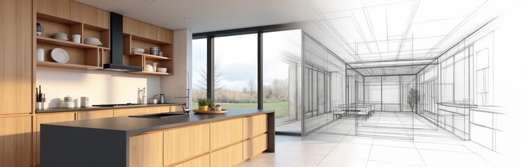 Modern kitchen interior design featuring wooden cabinets, black counter, sink. House architecture project with furniture. Concept of home improvements, renovations. Blueprint wireframe of house plan