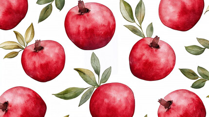 Watercolor pomegranate pattern with leaves on white background