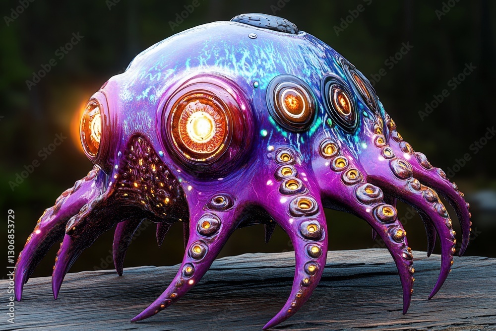 Poster a massive alien squid-like creature with shifting, hypnotic colors communicating through light pulse