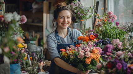 Fototapeta premium Happy florist with colorful bouquet. Woman smiling in flower shop surrounded by flowers. Floral arrangement.