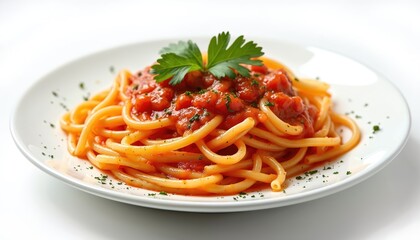 Close-up of pasta with red tomato sauce and parsley on white plate. Italian cuisine dish, classic homemade lunch, carbohydrates food meal for recipe demo, culinary menu. Tasty dinner.