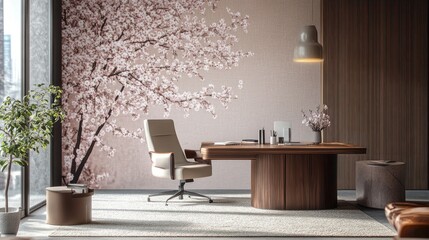Modern office, cherry blossom mural, desk, chair