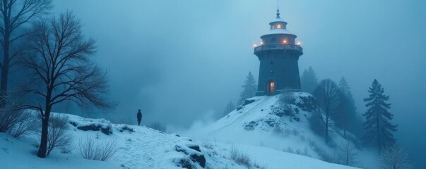 Fog and snow create mystical atmosphere around tower, mysterious ambiance, atmospheric effect