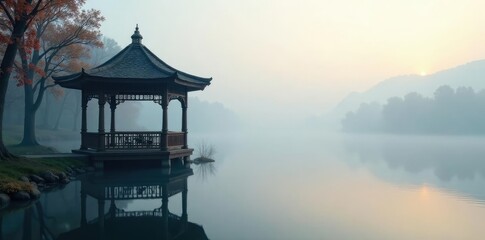 Foggy morning gazebo overlooking calm lake surface, gazebo, misty, peaceful