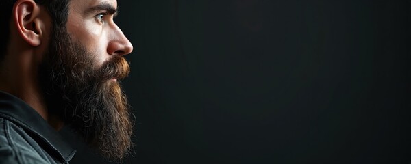 Closeup profile of bearded man with classic beard in studio. Dark background. Moustache guy with serious look, template for banner, barber shop, web design, modern lifestyle, facial hair fashion.