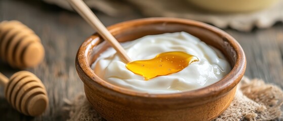 Fototapeta premium Creamy Yogurt with Honey Drizzle in Rustic Bowl on Wooden Table Surrounded by Honey Dippers and Natural Textures for Healthy Lifestyle Imagery