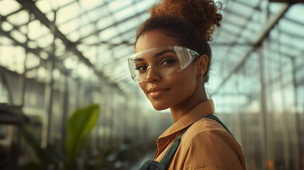 A woman with curly hair and safety glasses smiles in a modern greenhouse, showcasing a connection to agriculture and sustainable practices.