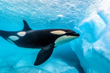 Obraz premium A mesmerizing underwater shot of an orca swimming near an iceberg