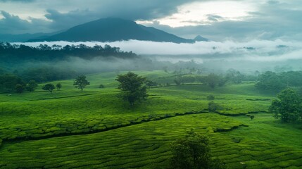 Fototapeta premium Lush Green Tea Plantation Landscape Under Cloudy Sky in Morning