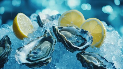 Fresh oysters on ice with lemon slices.