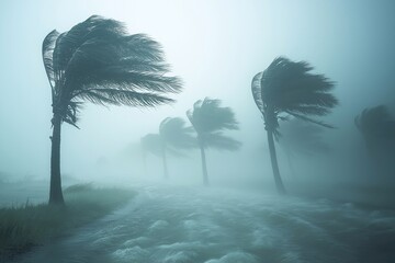 Palm trees blowing in the winds, catastrophic hurricane,top view