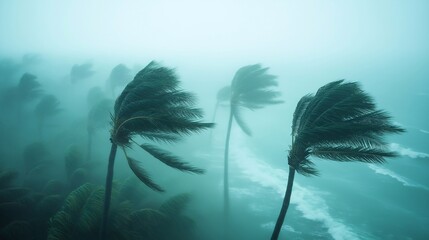 Palm trees blowing in the winds, catastrophic hurricane,top view