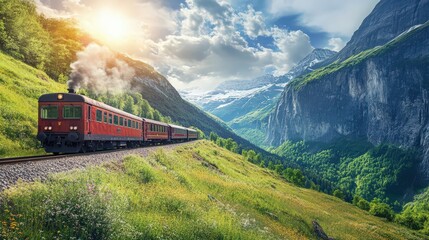 Obraz premium Picturesque mountain train journey through the Swiss Alps scenery landscape