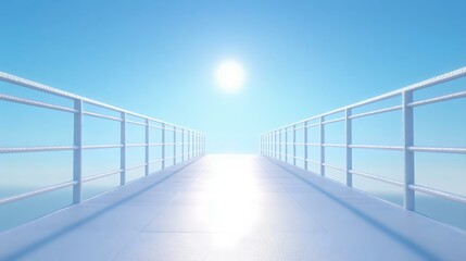 Obraz premium A serene, sunlit pathway extends toward the horizon against a bright blue sky, symbolizing hope and endless possibilities.