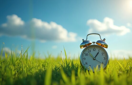 Alarm clock in green grass against bright blue sky with clouds. Time management abstract concept. Daylight saving time reminder. Spring forward. Clock on lawn. Summer season.