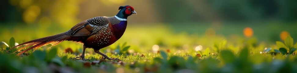 Naklejka premium Pheasant feathers glisten in morning dew raindrop clings to downy surface, morning, raindrops, wet