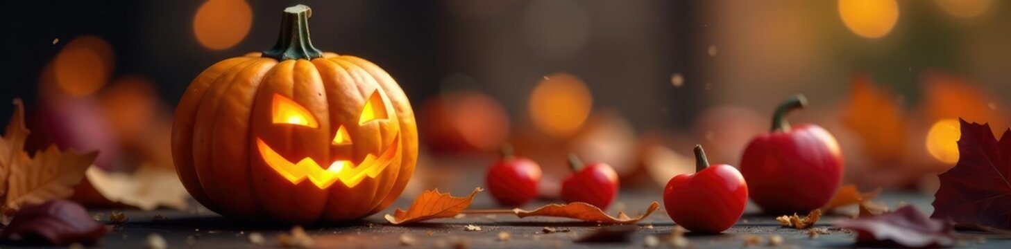 Petite citrouille jaune ?clair?e par de minuscules lanternes cerises, Halloween pumpkin, autumn decor
