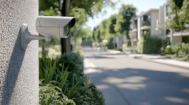 Security camera monitoring peaceful residential street with modern houses and green foliage under a clear sky.