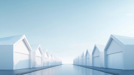 Minimalist white boat houses line canal, serene sky; architectural design