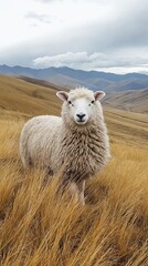 Un paisaje monta&ntilde;oso con un carnero de pelaje esponjoso pastando entre hierba dorada bajo un cielo nublado.