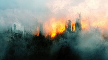 Obraz premium Smoky city skyline at sunset, apocalyptic scene.