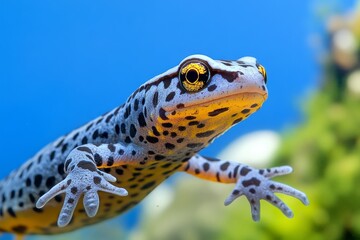Fototapeta premium A newt swimming gracefully through a crystal-clear pond, its spotted tail leaving ripples