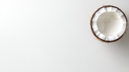 Fototapeta premium Top view of a half coconut on a clean white background, minimalistic and fresh.