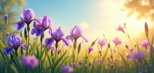 Purple iris with wildflowers on field background illustration. Floral blossom wallpaper for Mothers day, Easter Womens day. Colorful blooming meadow with irises on sunshine. Generative Ai art for