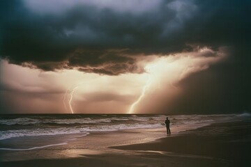 Dramatic Stormy Beach with Lightning Strikes
