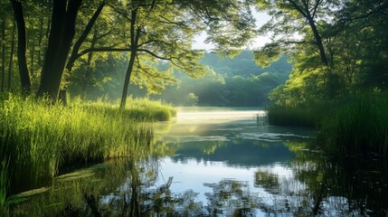 The morning light by the tranquil forest lake