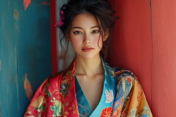 Portrait of a Woman in Colorful Kimono with Floral Details