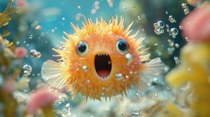 Excited Pufferfish in Underwater Coral Reef