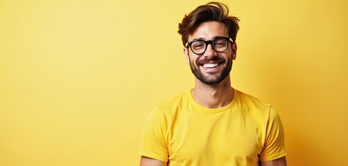 Attractive brunette man wears yellow tshirt, stylish glasses. Smiles cheerfully, isolated on vibrant solid yellow background. Model smart, cool, hip. Copy space for advertisement, banner, flyer,