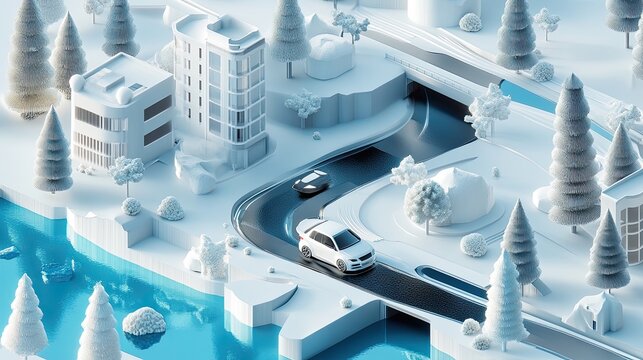 Clean futuristic city with white buildings and electric cars driving by a river